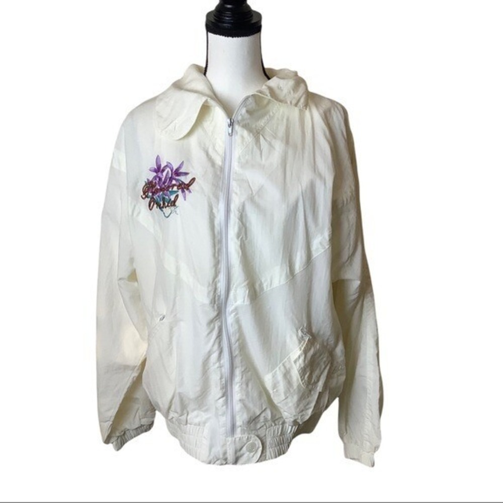 Vintage 80s 90s Off White Floral Nylon Windbreaker Jacket Womens M Shell Coat